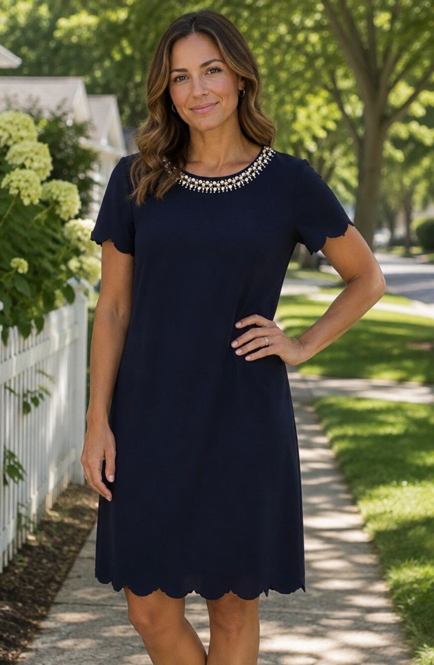 Karl Lagerfeld Paris Dress navy blue, White Pearl cap sleeve Size 14 scallop hem